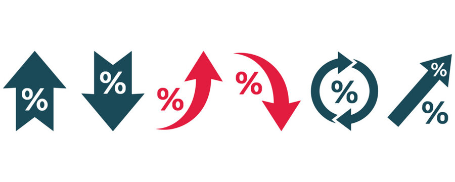 Set of percentage sign icons showing growth, decline, and reload.