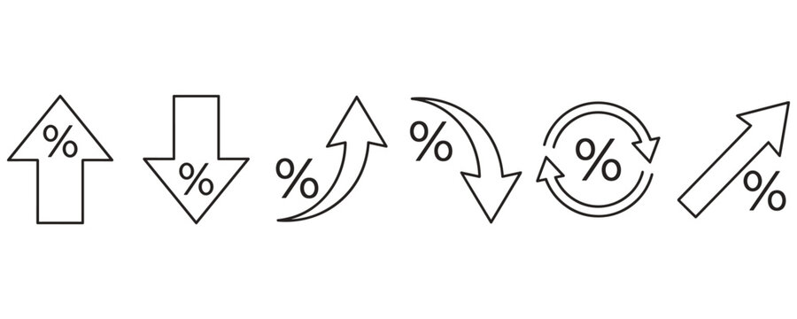 Set of percentage sign line icons showing growth, decline, and reload.