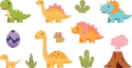 Cute Dinosaur Cartoon Collection Featuring Tyrannosaurus Stegosaurus Spinosaurus Brachiosaurus and Baby Dino with Volcano and Prehistoric Nature Elements Vector Illustration © Bokul