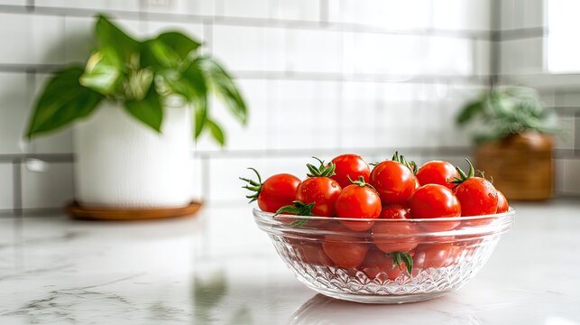 Fresh red cherry tomatoes fill a glass bowl on a bright kitchen counter