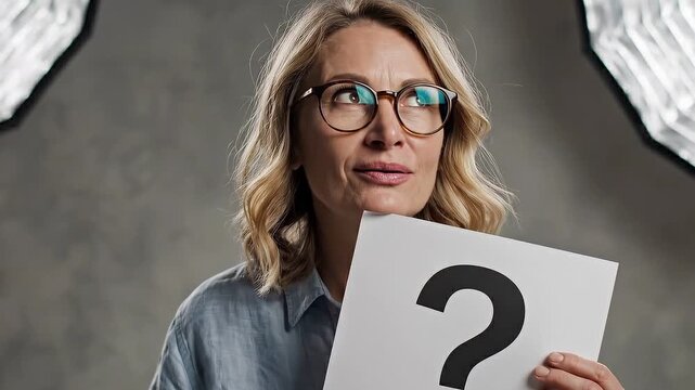 A woman wearing glasses and holding a white paper with a question mark symbol showing confusion and curiosity sign thinking doubt problem expression