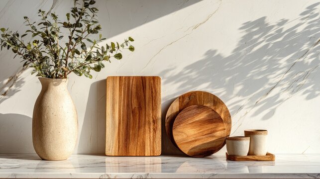 Still life arrangement of wooden kitchenware and vase on a marble surface