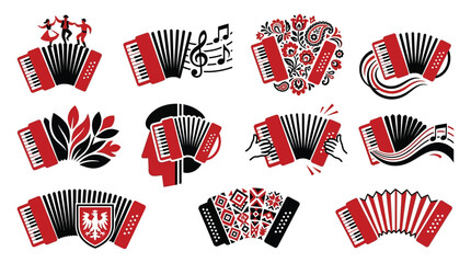 Collection of stylized accordion illustrations with musical notes and folk patterns. © tr
