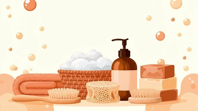 A collection of spa bath accessories including soap bars a dispenser brush and a towel with foam bubbles