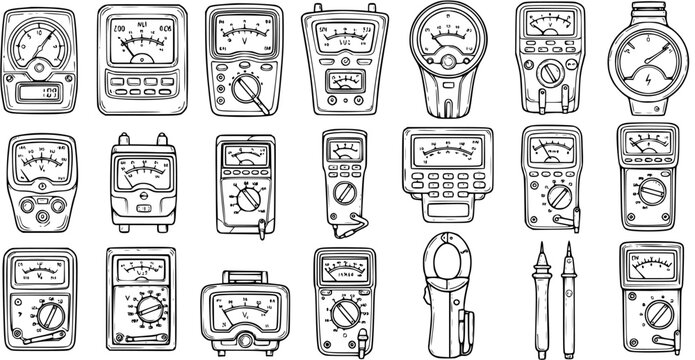 Hand-drawn Electrical Measuring Instruments Vector Set: Black  White Line Art of Multimeters, Ammeters, Voltmeters, Ohmmeters, and Clamp Meters for Electronics and Engineering