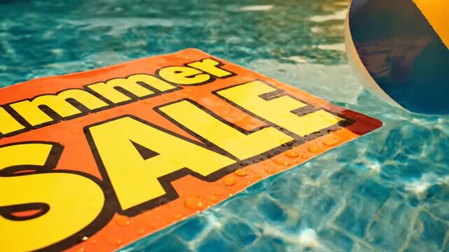 Summer sale sign and beach ball floating in swimming pool water.