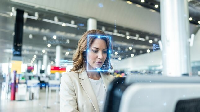 Businesswoman Undergoing AI Facial Recognition Verification at Modern Airport Terminal
