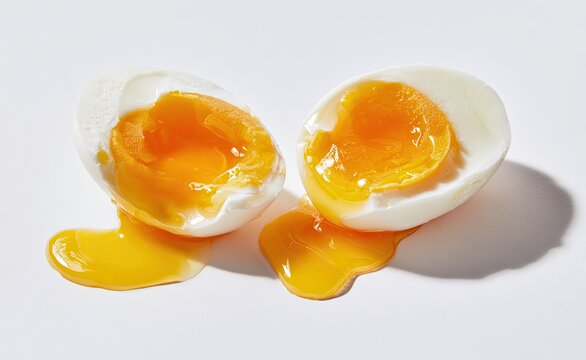 Two perfectly cooked soft-boiled eggs with runny yolks on a white background