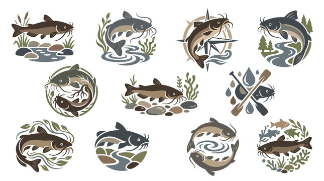 Collection of stylized catfish illustrations, representing fishing and aquatic life in various natural settings.