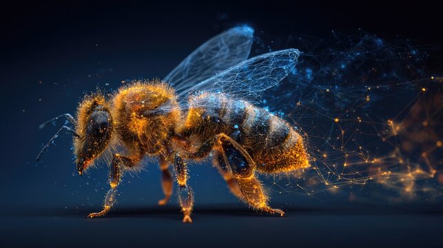 Sci-fi bee rendered with glowing digital particles and wireframe