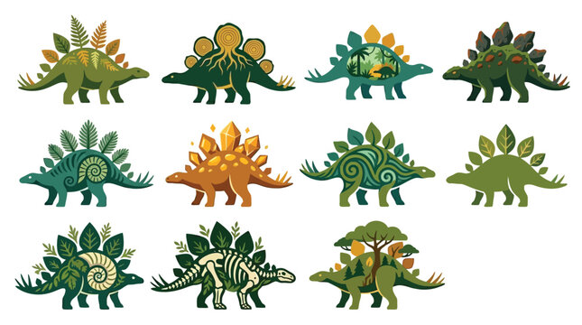 Collection of stylized Stegosaurus dinosaurs with natural elements like leaves, trees, and crystals integrated into their designs.