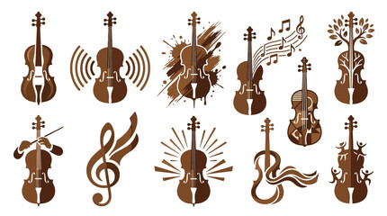 Collection of stylized violins and musical elements, representing music and creativity. © tr