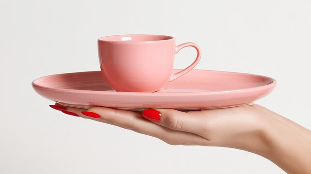 Delicate pink teacup and saucer resting on an open palm with red nails