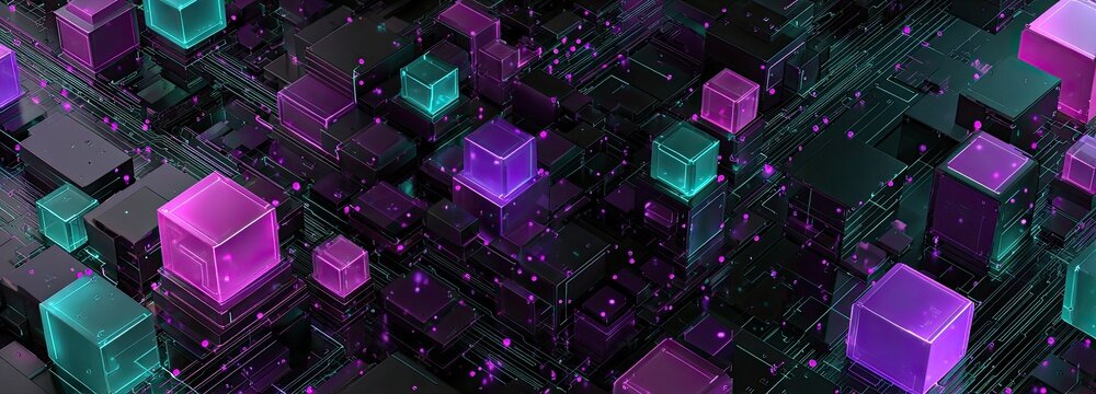 Digital abstract grid of glowing neon cubes and particles