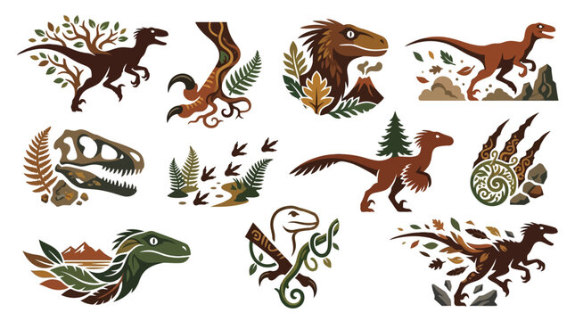 Collection of stylized dinosaur illustrations with natural elements like leaves, trees, and mountains.