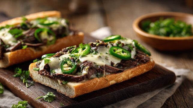 Savory meat subs piled high with melted cheese and spicy peppers