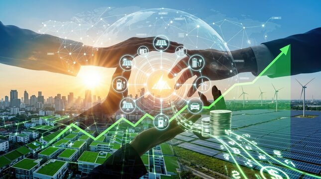 Hands holding holographic energy icons over cityscape with solar panels and wind turbines