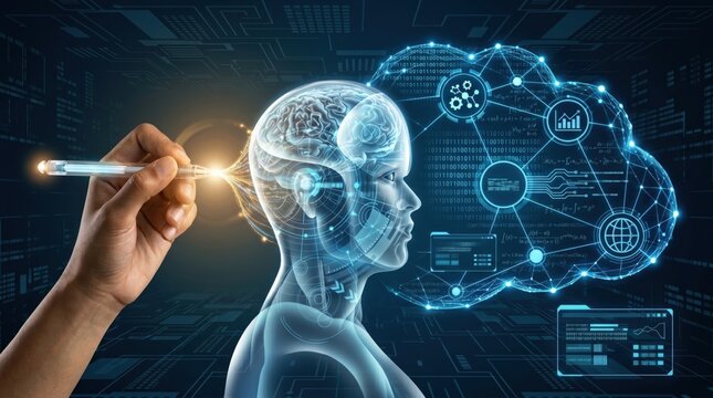 Human brain connected to digital cloud network with artificial intelligence icons representing machine learning data analytics cybersecurity blockchain cryptocurrency metaverse