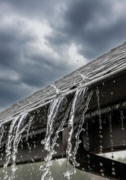 Rainwater cascades dramatically from a dark gutter, creating a dynamic and intense visual effect. The dark gray gutter is saturated with water, with droplets splashing outwards.