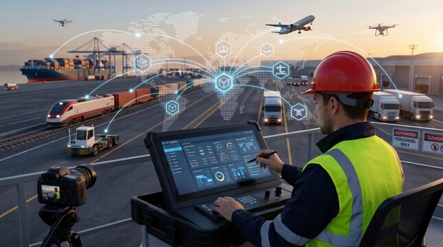 Logistics manager using digital tablet to control global supply chain network with cargo ships, trains, and drones in background