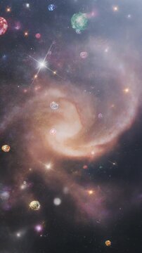 Surreal Space Spiral Galaxy with Floating Gemstone Planets Generative AI