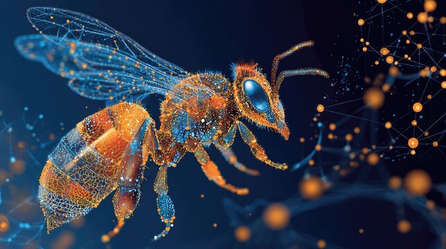 Digital bee composed of glowing particles and network connections
