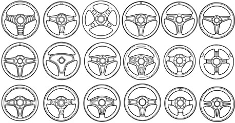 Fototapeta premium Black and White Line Art Collection of Various Automotive Steering Wheels, Vector Illustrations