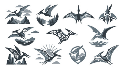 Collection of Pterodactyls in Various Poses and Environments, Stylized Vector Illustrations. © tr