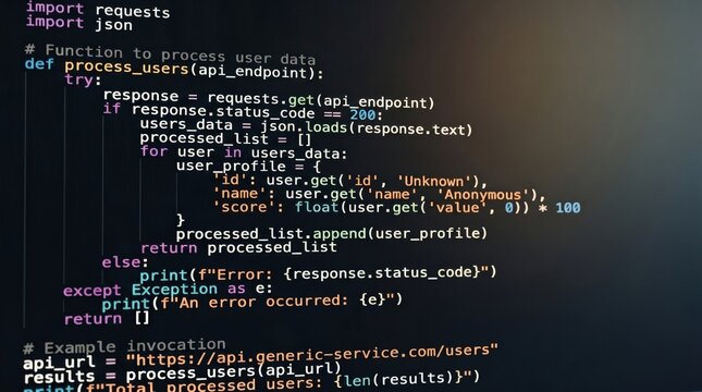 Python programming code script for API data processing, software development, web application, backend logic, JSON parsing, error handling, coding syntax, developer workflow