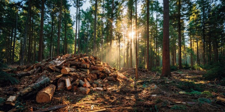 Sunlight streams through a dense forest illuminating a large pile of felled logs