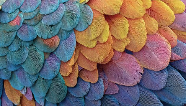Vibrant, overlapping feathers display a spectrum of blues, greens, oranges, and purples