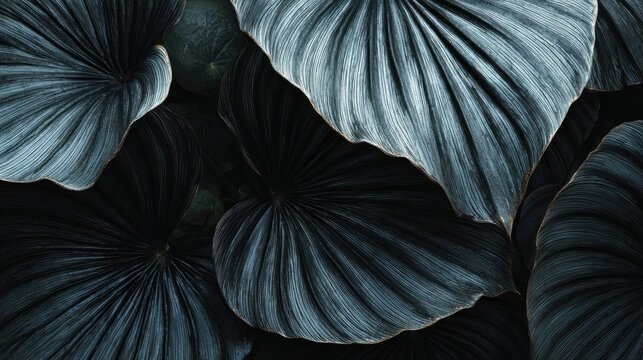 Close-up of dark, textured, ribbed, broad, tropical leaves in deep shadow