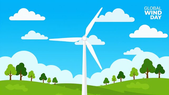 A flat vector illustration of a wind turbine standing in a green field under a blue sky for global wind day