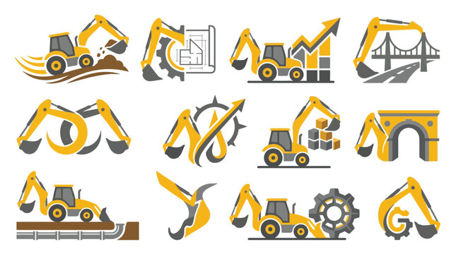 Collection of excavator logos and icons representing construction, industry, and engineering concepts.