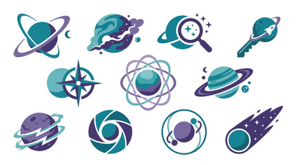 Collection of stylized icons representing space, science, and exploration with planets, stars, and abstract symbols. © tr