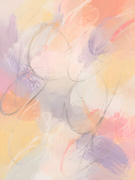 Abstract soft pastel swirls and strokes in a delicate, dreamy blend of peach, lavender, and yellow evoking a sense of calm and serenity