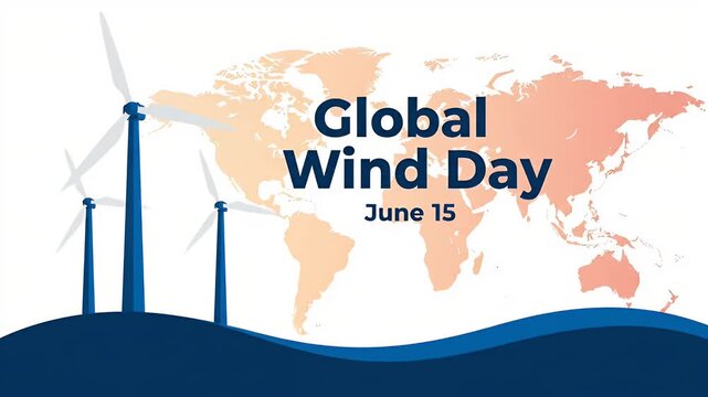 A graphic illustration for global wind day featuring wind turbines against a world map background design