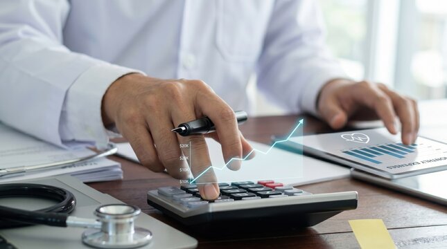 Doctor hand using calculator with rising financial growth chart overlay on desk, illustrating healthcare budget planning, medical practice revenue management, clinic cost control