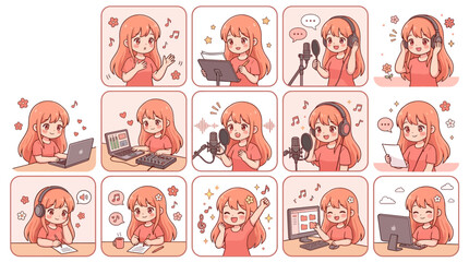 Fototapeta premium Anime Girl Singing, Recording Music, Working on Laptop and Studying - Cute Character Collage