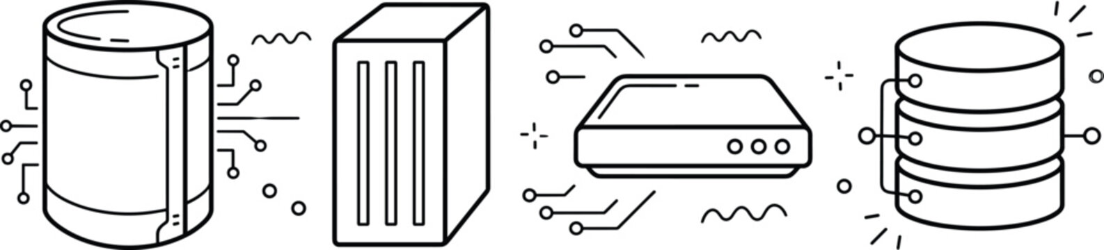 Cloud database and data center server network outline icon set for digital storage and technology website computing