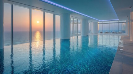 Obraz na płótnie Canvas Indoor swimming pool overlooking the ocean at sunset with reflective water surfaces