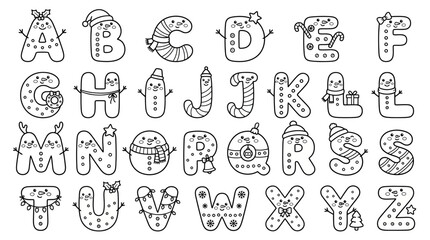 Fototapeta premium Christmas Alphabet Letters Outline, Cute Winter Holiday Characters, Festive ABC Design