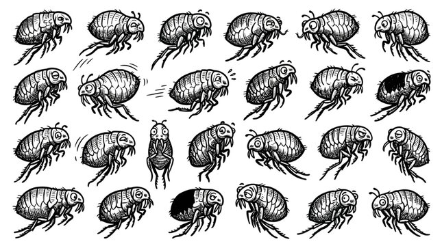 Collection of Flea Illustrations, Various Poses and Expressions, Hand-Drawn Style
