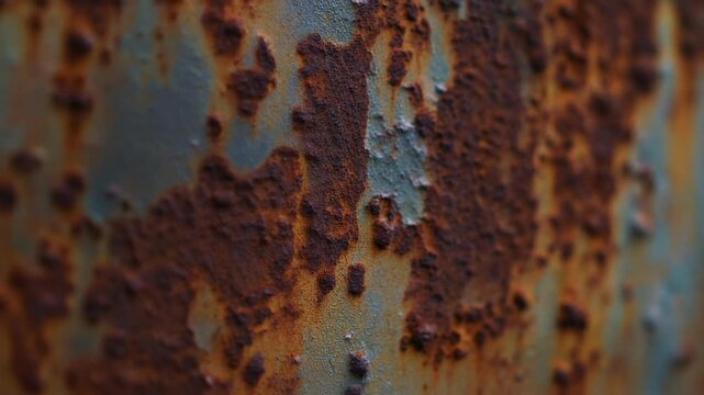 Macro texture of rusted metal with peeling blue paint.