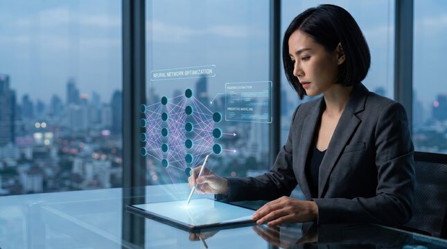 Business woman working on neural network optimization with tablet, AI data structure analysis, predictive model programming, female professional using advanced technology