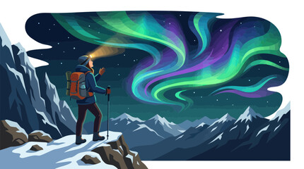 Lone mountaineer gazing at vibrant aurora borealis over snowy peaks © Maman
