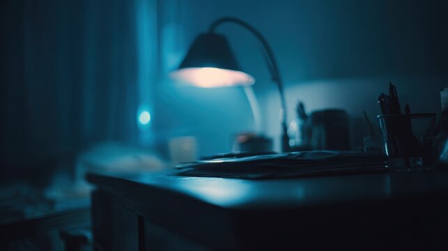 Dimly Lit Home Office Desk Scene with Desk Lamp and Writing Supplies