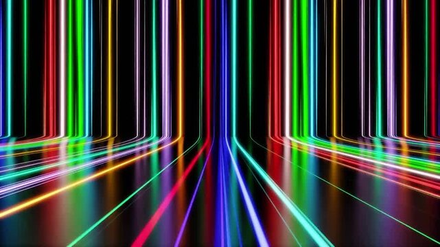 Abstract Cyberpunk glowing light trails reflection neon stripes background with perspective view 3D rendering.