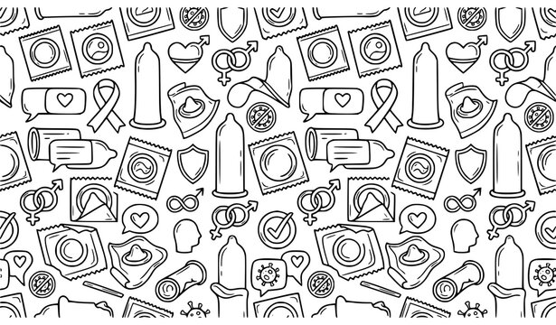 Seamless Condom Packaging Doodle Pattern Vector Illustration for Sex Education and Safe Protection