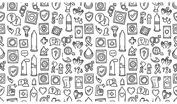 Black and White Seamless Condom Pattern with Safe Sex and Health Awareness Vector Icons